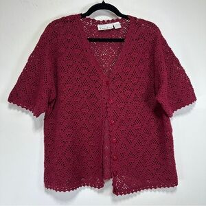 Tanjay Open Knit Crochet Cardigan Boho Button Front Lightweight Ramie Cotton